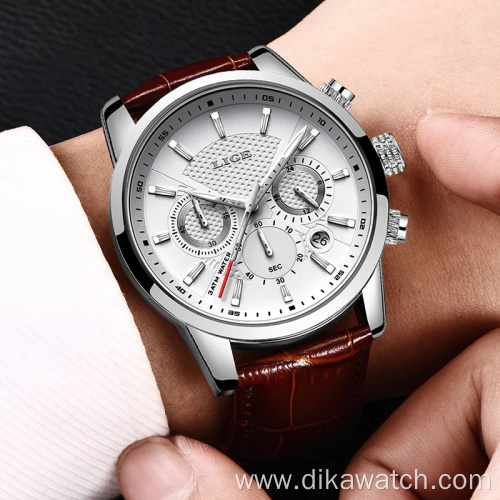 LIGE Mens Watches Top Brand Leather Chronograph Waterproof Sport Automatic Date Quartz Watch For Men Relogio Masculino